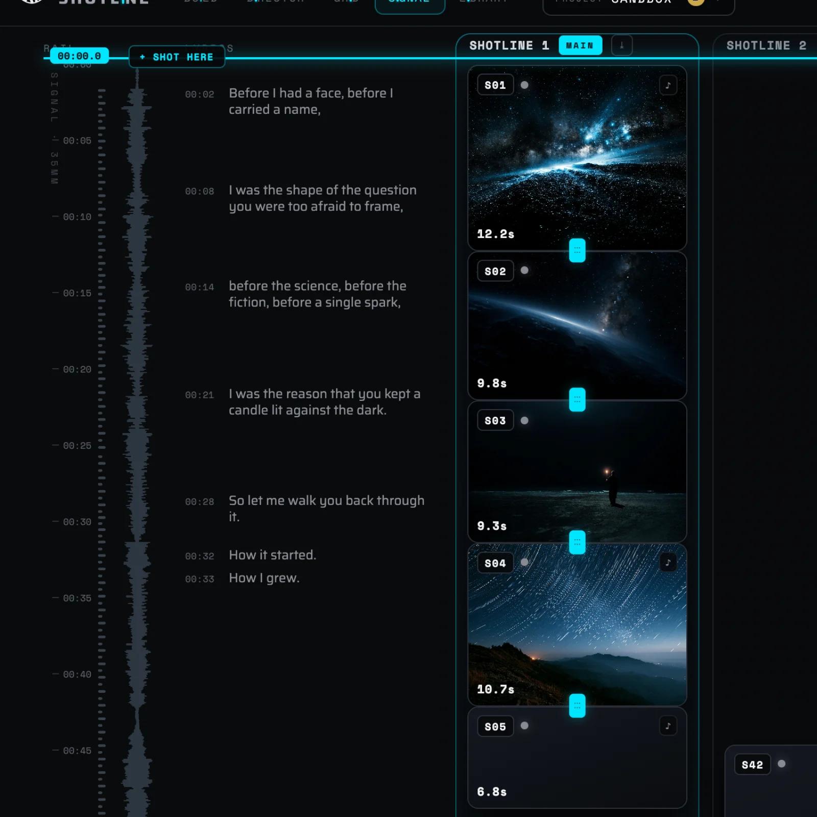 Signal: the waveform timeline with lyrics and shot cards